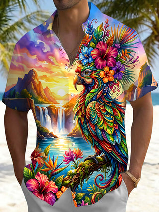 Adaychic Tropical Parrot Landscape Men's Pocket Short Sleeve Shirts