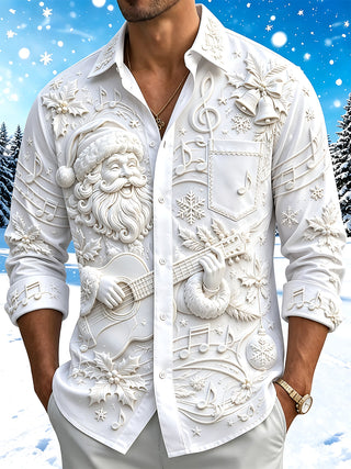 Adaychic 3D Relief Santa Claus Music Men's Pocket Long Sleeve Shirts