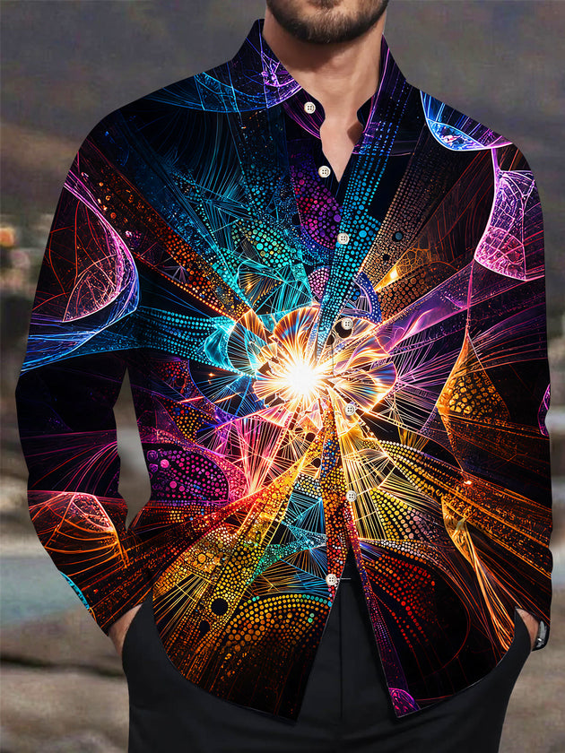 Adaychic Neon Glow Fractal Art Men's Pocket Long Sleeve Shirts