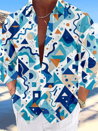 Adaychic Blue Orange Geometric Abstract Pattern Men's Pocket Long Sleeve Shirts