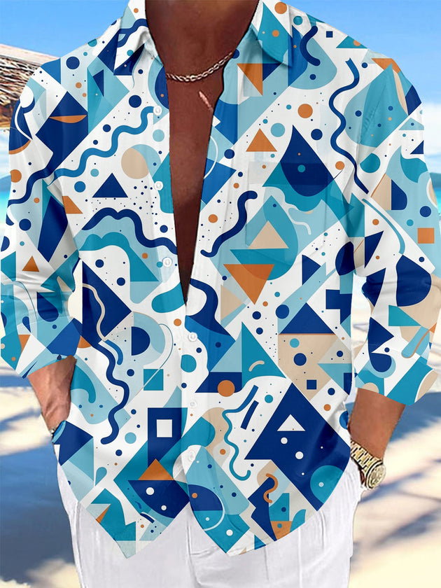 Adaychic Blue Orange Geometric Abstract Pattern Men's Pocket Long Sleeve Shirts