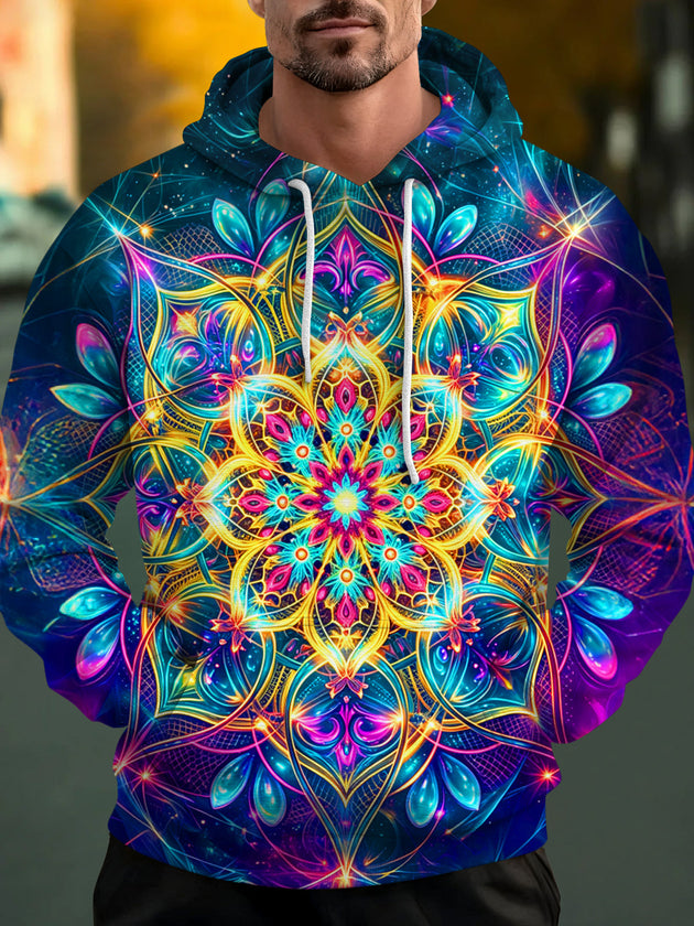 Adaychic Neon Mandala Kaleidoscope Pattern Men's Long Sleeve Pocket Hooded Sweatshirt