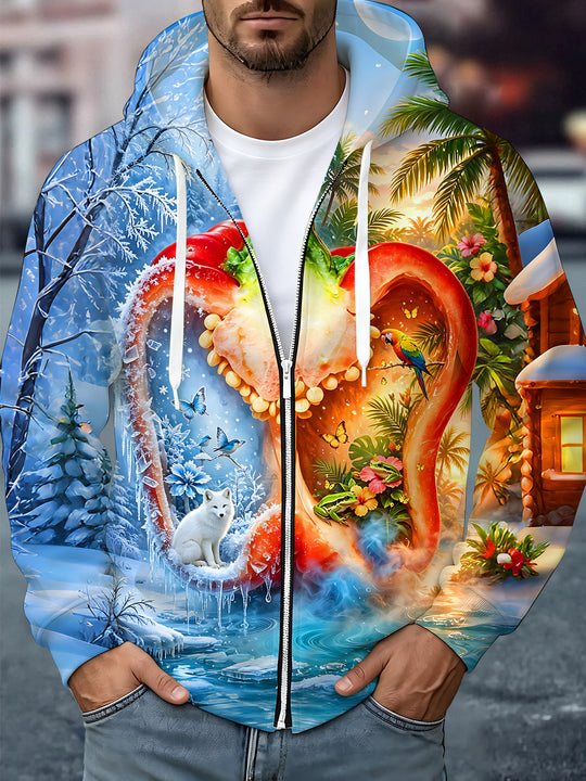 Adaychic Ice And Fire Chili Fantasy Collage Men's Pocket Long Sleeve Zip Up Hoodies