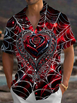 Adaychic Men's Graphic Spider Web Print Red Rose Heart Print Short Sleeve Shirt with Chest Pocket
