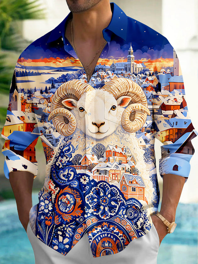 Adaychic Men's Graphic Big Horn Sheep Print Long Sleeve Shirt with Chest Pocket