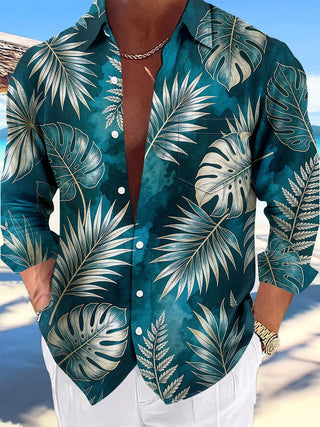 Adaychic Men's Hawaiian Tropical Leaf Print Long Sleeve Shirt with Chest Pocket