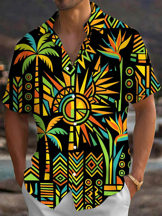 Adaychic Men's Hawaiian Geometric Palm Tree Print Short Sleeve Shirt with Chest Pocket