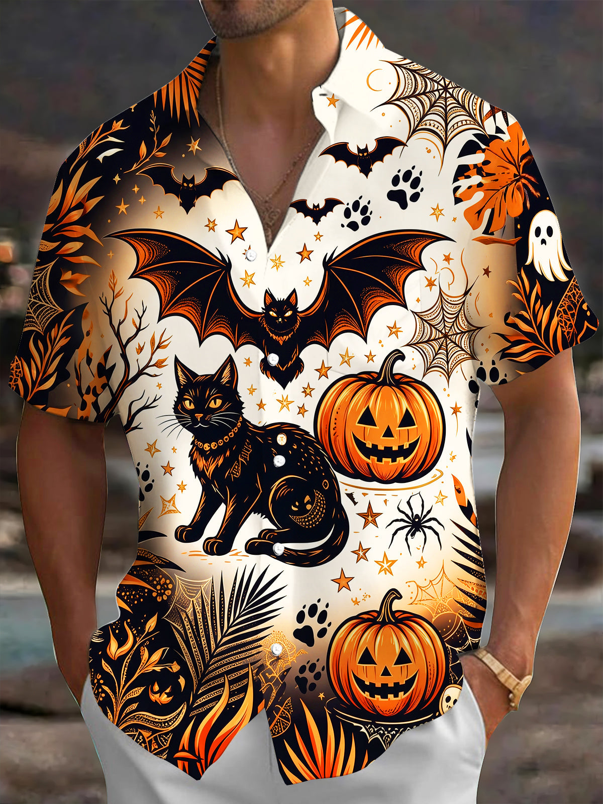 Adaychic Men's Hawaiian Halloween Black Cat Print Short Sleeve Shirt with Chest Pocket