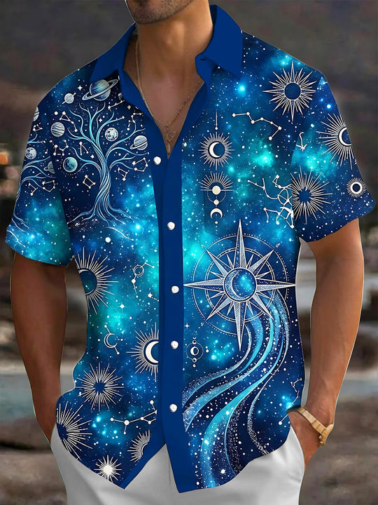 Adaychic Men's Hawaiian Cosmic Tree Of Life Print Short Sleeve Shirt with Chest Pocket
