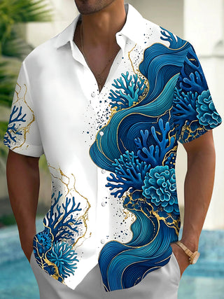 Adaychic Men's Hawaiian Ocean Wave Print Coral Reef Print Short Sleeve Shirt with Chest Pocket