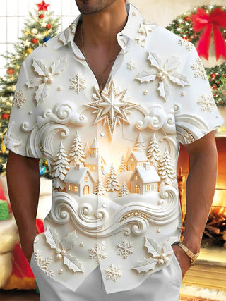 Adaychic Men's 3D 3D Snow Scene Print Christmas Town Print Short Sleeve Shirt with Chest Pocket