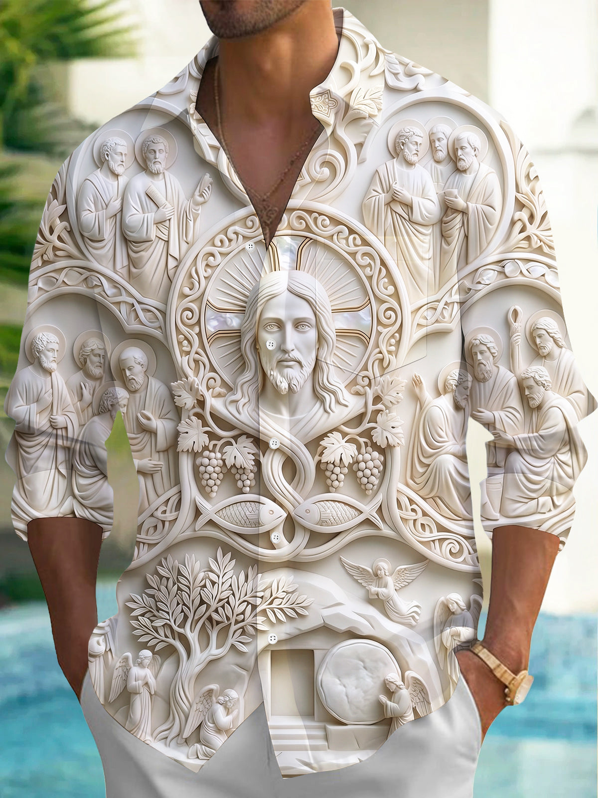 Adaychic Men's 3D Stone Sculpture Pattern 3D Effect Print Long Sleeve Shirt with Chest Pocket
