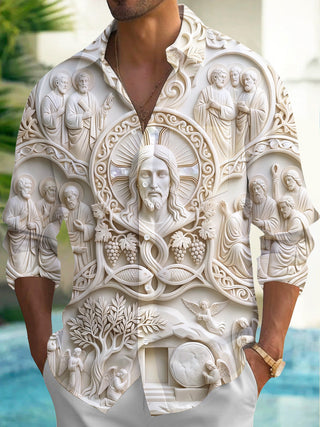 Adaychic Men's 3D Stone Sculpture Pattern 3D Effect Print Long Sleeve Shirt with Chest Pocket