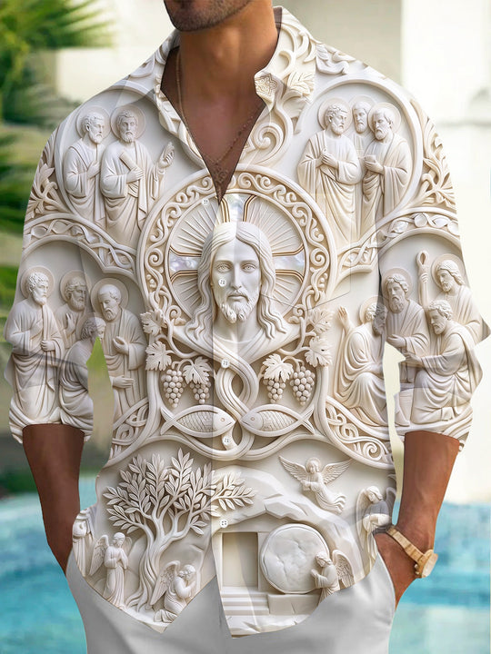 Adaychic Men's 3D Stone Sculpture Pattern 3D Effect Print Long Sleeve Shirt with Chest Pocket