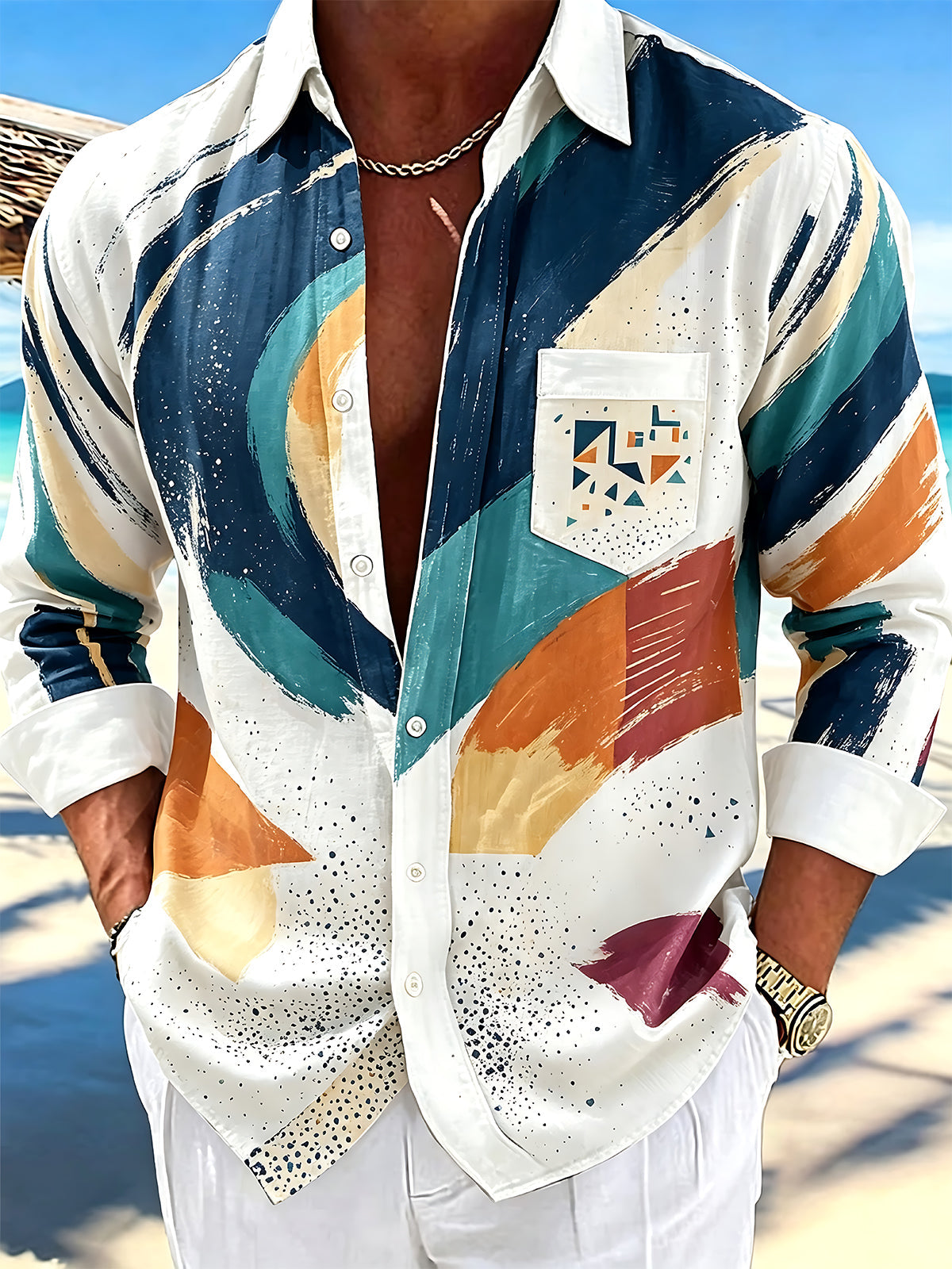 Adaychic Men's Abstract Brush Stroke Color Block Print Long Sleeve Shirt with Chest Pocket