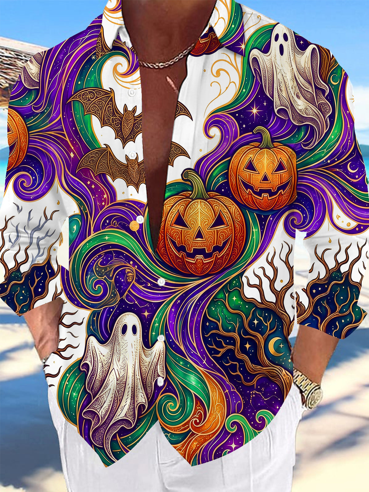 Adaychic Men's Graphic Halloween Pumpkins Print Ghosts Print Long Sleeve Shirt with Chest Pocket