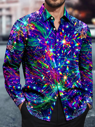 Adaychic Men's Printed Starry Sky Print Geometric Stars Print Long Sleeve Shirt with Chest Pocket