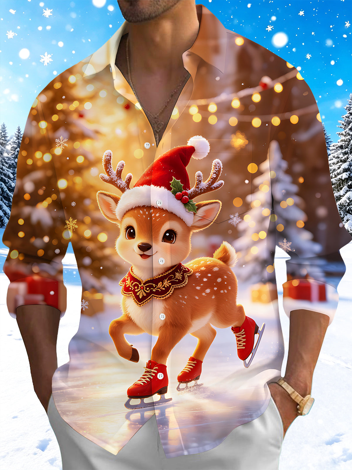 Adaychic Men's Printed Christmas Deer Print Ice Skating Print Long Sleeve Shirt with Chest Pocket