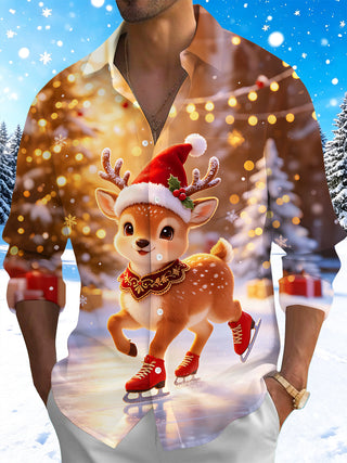 Adaychic Men's Printed Christmas Deer Print Ice Skating Print Long Sleeve Shirt with Chest Pocket