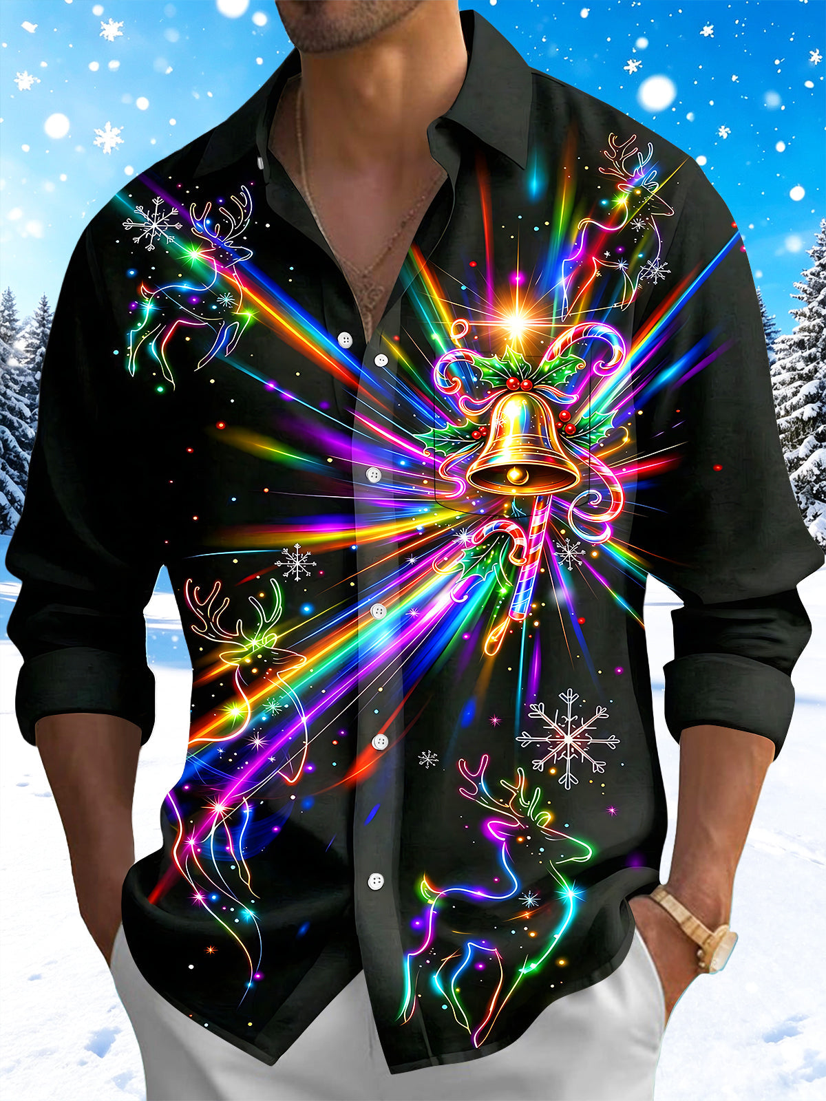 Adaychic Men's Graphic Neon Christmas Bell Print Long Sleeve Shirt with Chest Pocket