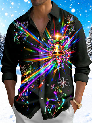 Adaychic Men's Graphic Neon Christmas Bell Print Long Sleeve Shirt with Chest Pocket