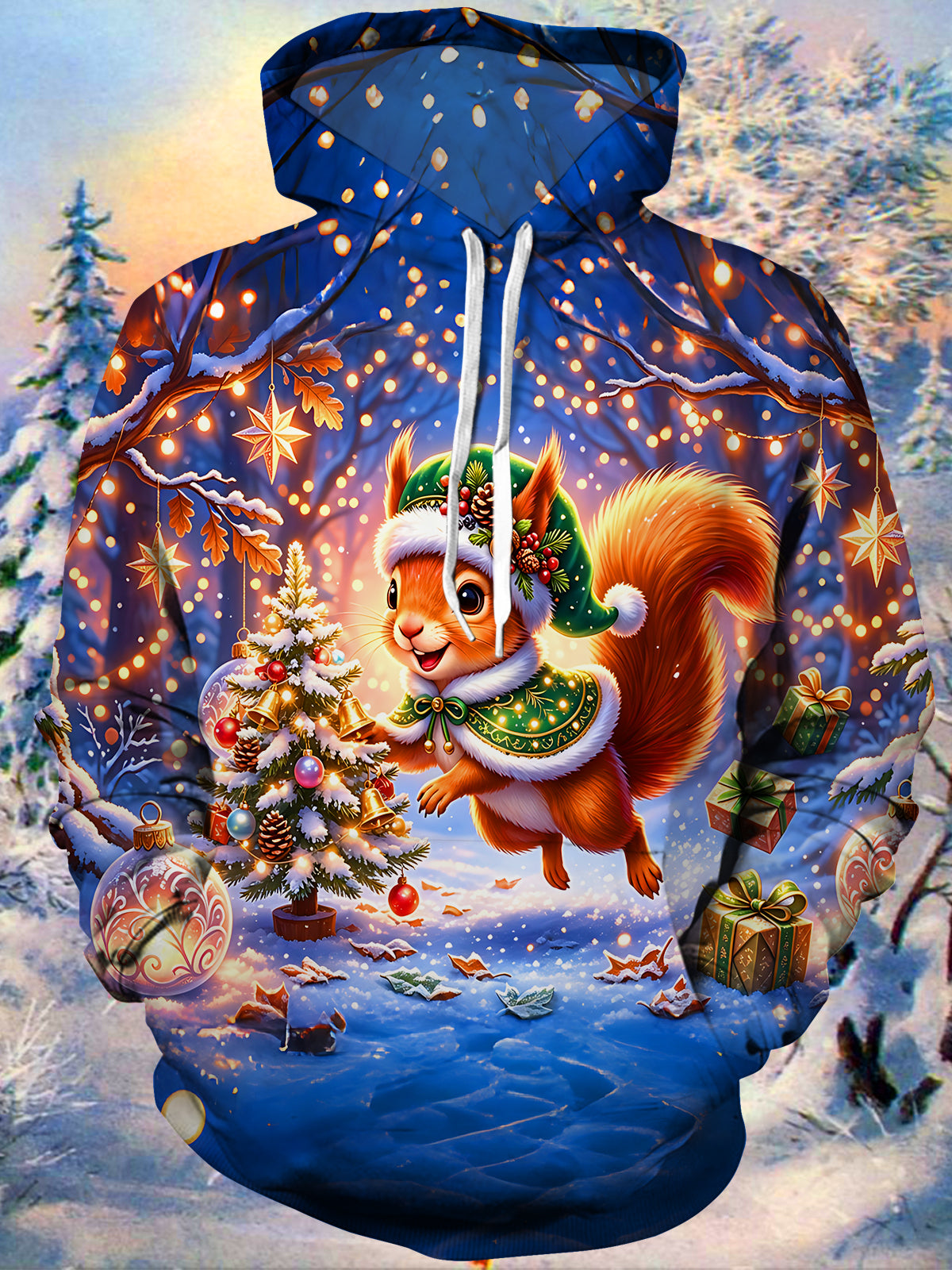 Adaychic Men's Graphic Christmas Squirrel Print Long Sleeve Hoodie