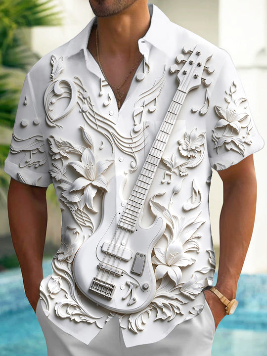 Adaychic Men's Short Sleeve Shirt - 3D Relief Bass Guitar And Floral Music Notes Print with Chest Pocket