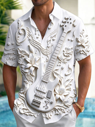 Adaychic Men's Short Sleeve Shirt - 3D Relief Bass Guitar And Floral Music Notes Print with Chest Pocket