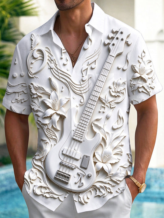 Adaychic Men's Short Sleeve Shirt - 3D Relief Bass Guitar And Floral Music Notes Print with Chest Pocket