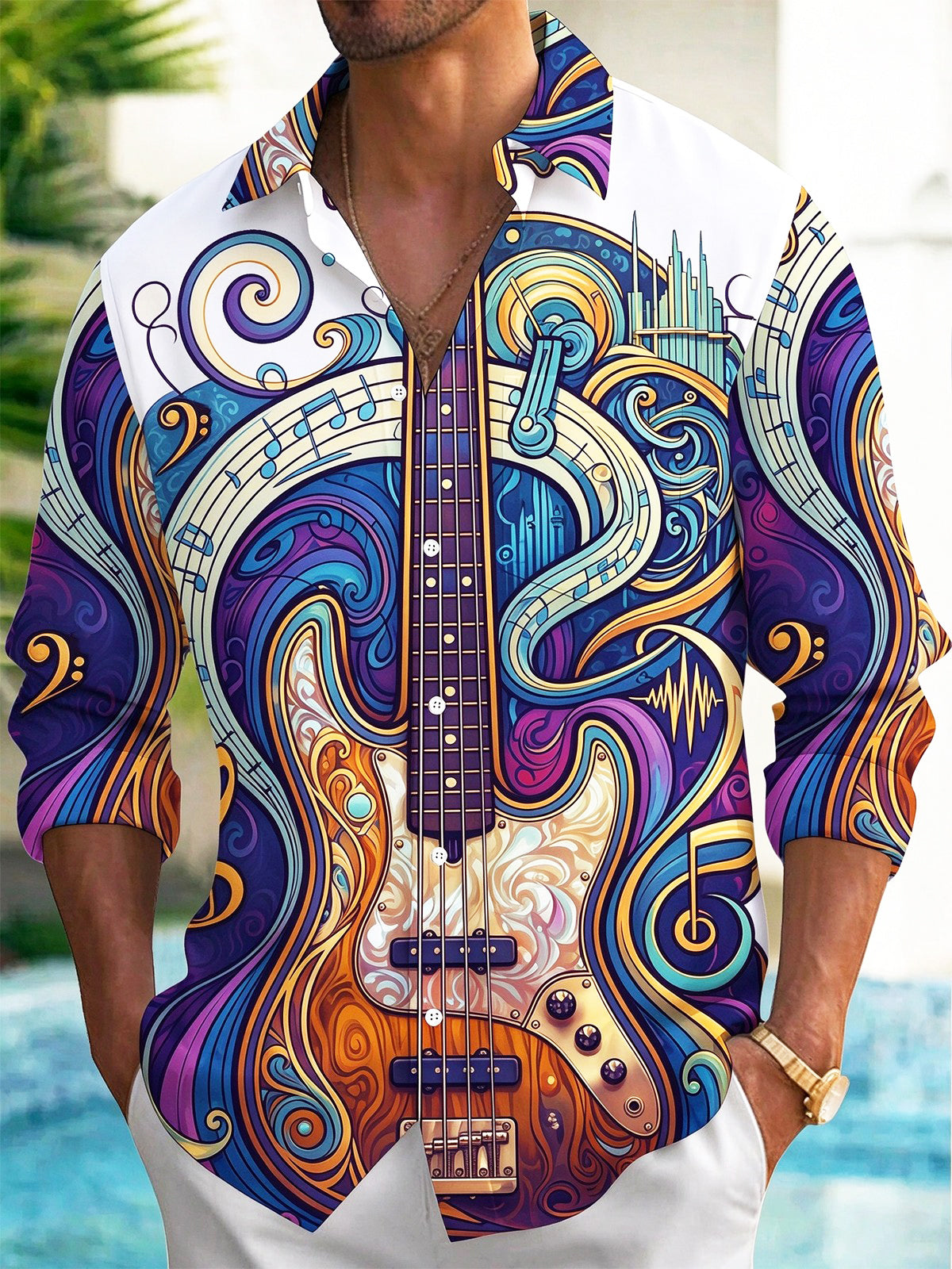Adaychic Men's Long Sleeve Shirt - Psychedelic Bass Guitar And Musical Notes Print with Chest Pocket