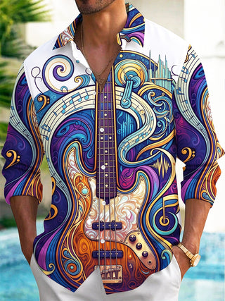 Adaychic Men's Long Sleeve Shirt - Psychedelic Bass Guitar And Musical Notes Print with Chest Pocket