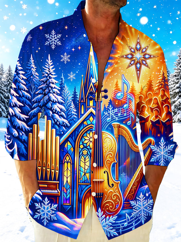Adaychic Men's Long Sleeve Shirt - Christmas Stained Glass Church And Musical Instruments Print with Chest Pocket