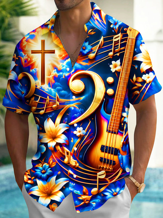Adaychic Men's Hawaiian Bass Guitar And Musical Notes Print Short Sleeve Shirt with Chest Pocket