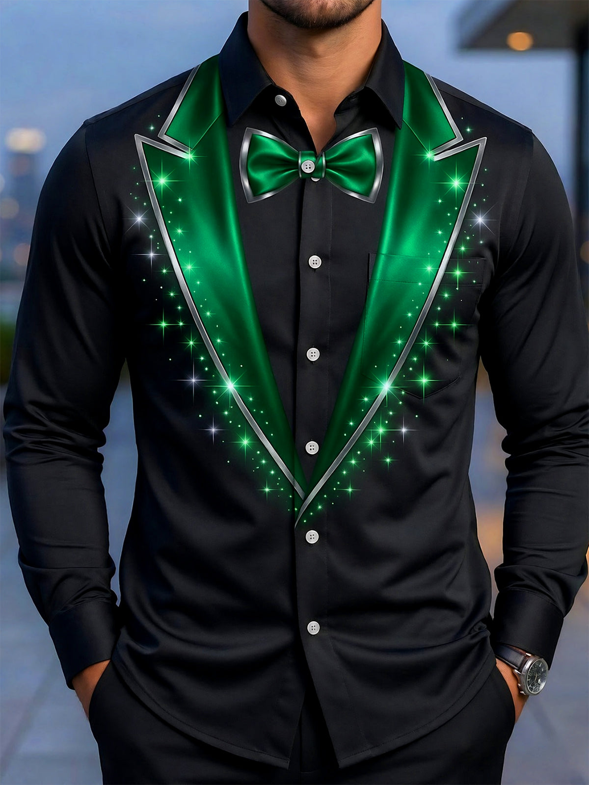 Adaychic Men's Printed Tuxedo Jacket And Bow Tie Print Long Sleeve Shirt with Chest Pocket