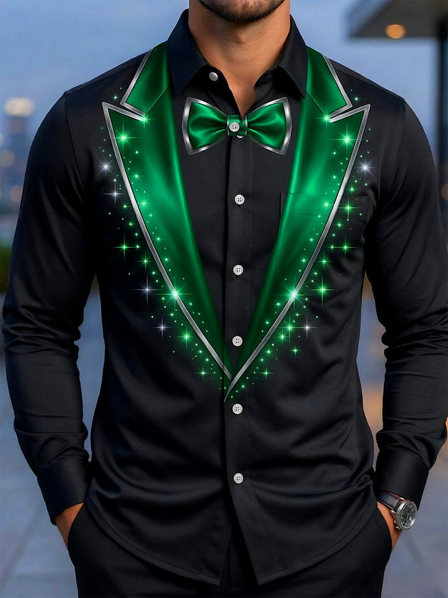 Adaychic Men's Printed Tuxedo Jacket And Bow Tie Print Long Sleeve Shirt with Chest Pocket