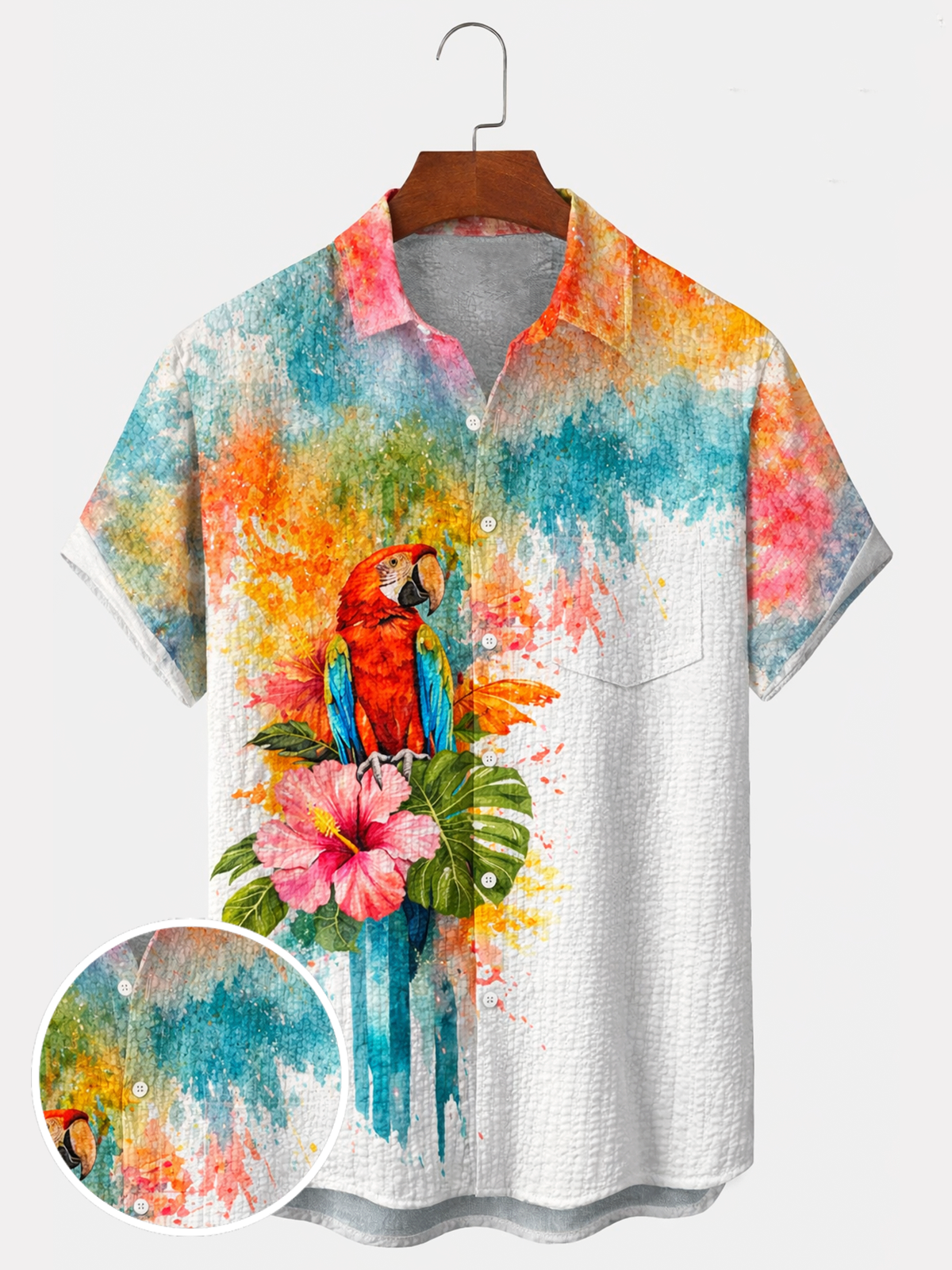 Tropic Flower Parrot Men's Pocket Short Sleeve Shirts