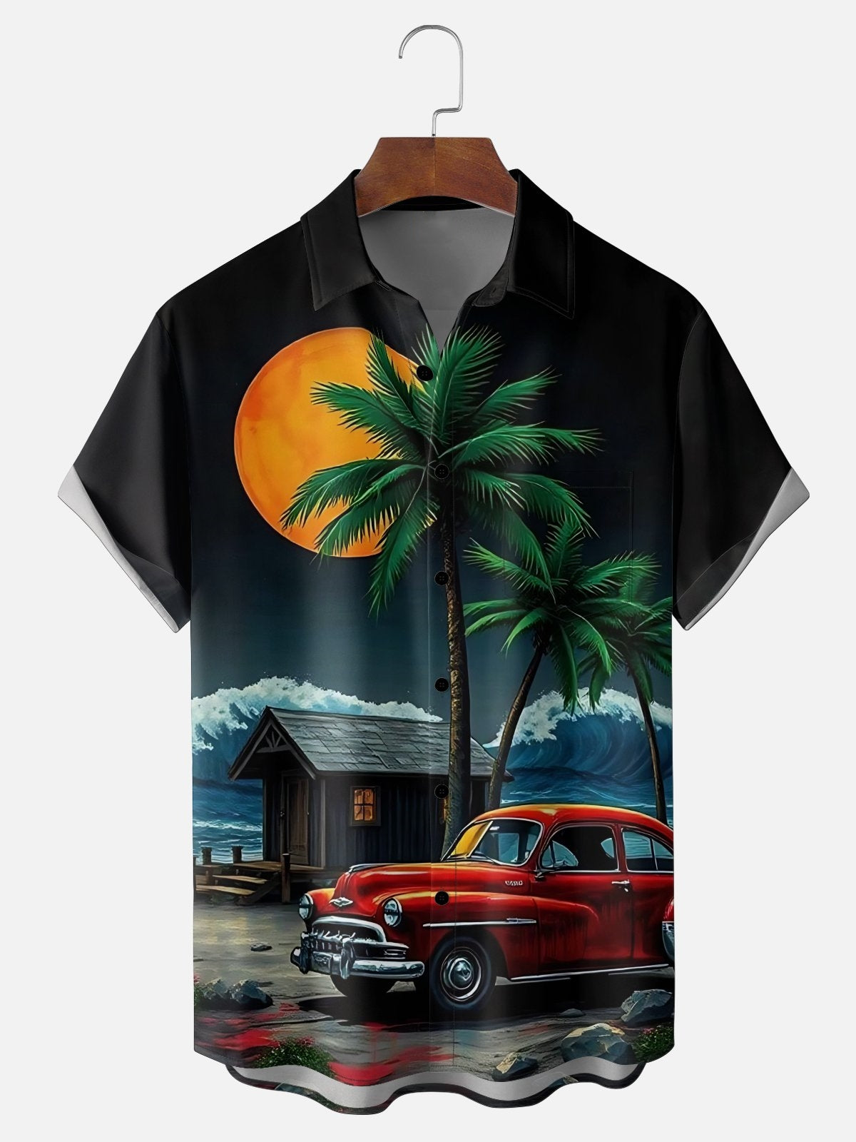 Coconut Trees Vintage Car Print Men's Pocket Short Sleeve Shirts