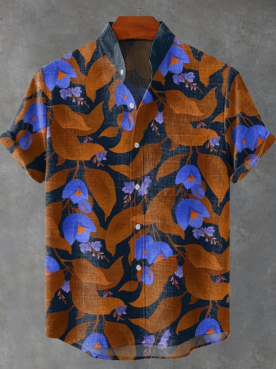 Men's blue floral short sleeve shirt front view