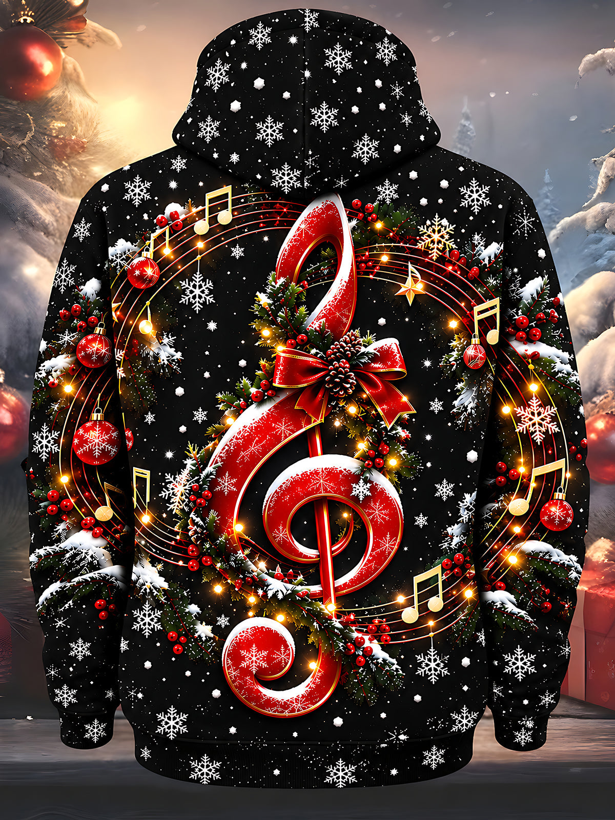 Adaychic Men's Graphic Christmas Musical Note Print Long Sleeve Hoodie