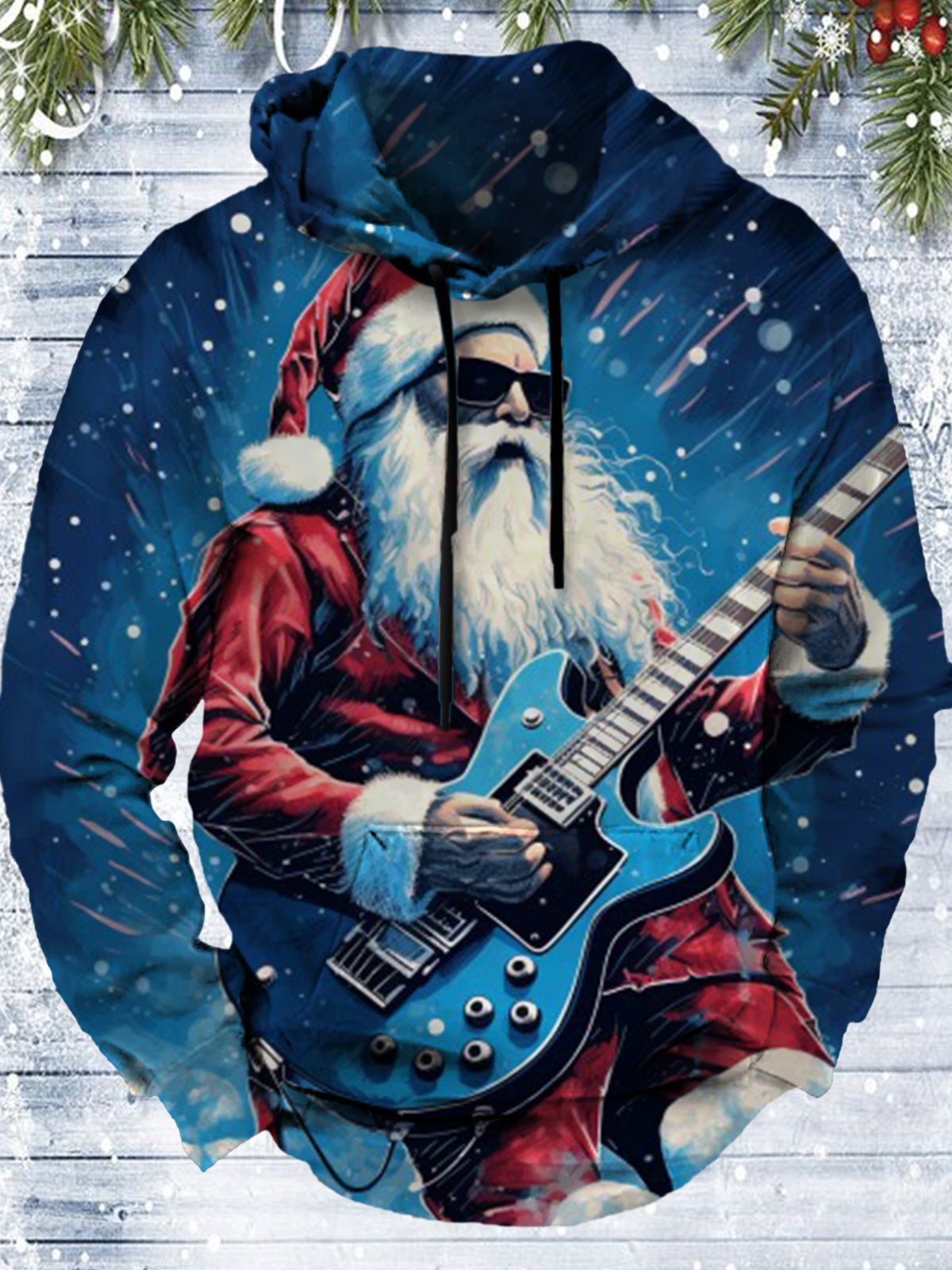 Santa Claus Playing Guitar Long Sleeve Hooded Pocket Men's Top