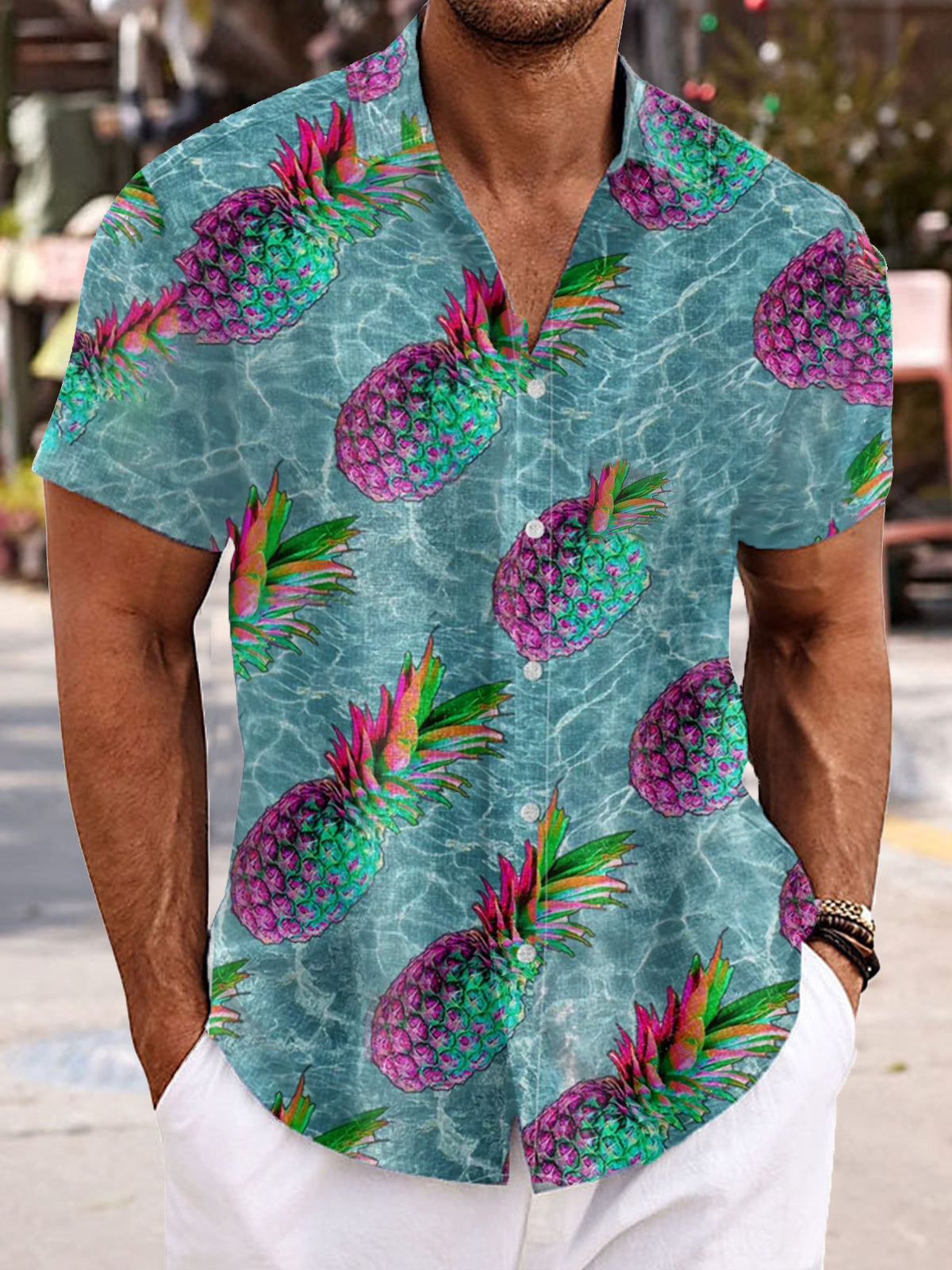 Resort Style Pineapple Print Men's Short-Sleeved Shirt