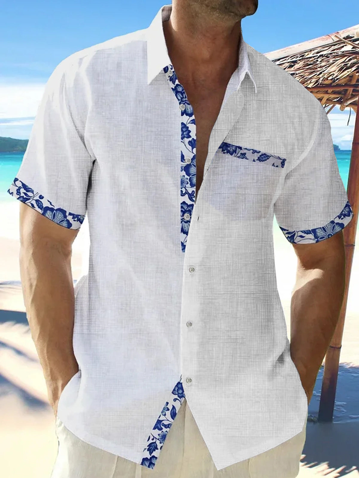 Flower Short Sleeve Men's Shirts With Pocket