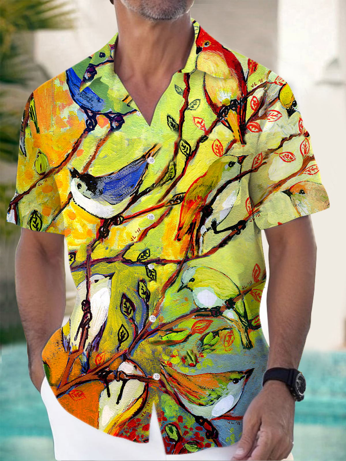 Hawaiian Animal Bird Print Long Sleeve Men's Shirts With Pocket