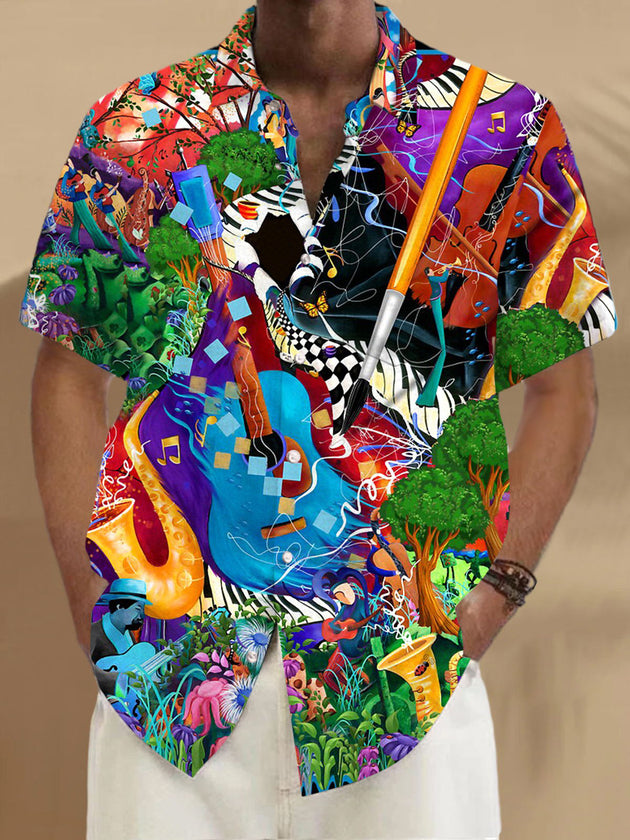 Adaychic Men's Purple Graphic Abstract Musical Instruments Collage Print Short Sleeve Button Down Shirt with Chest Pocket