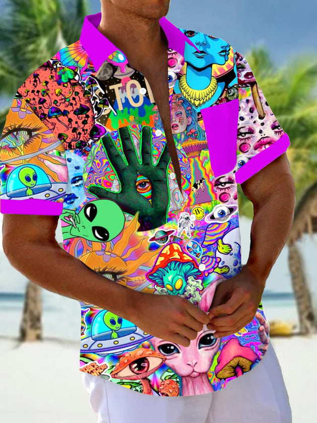 Men's abstract alien art print short sleeve shirt front view