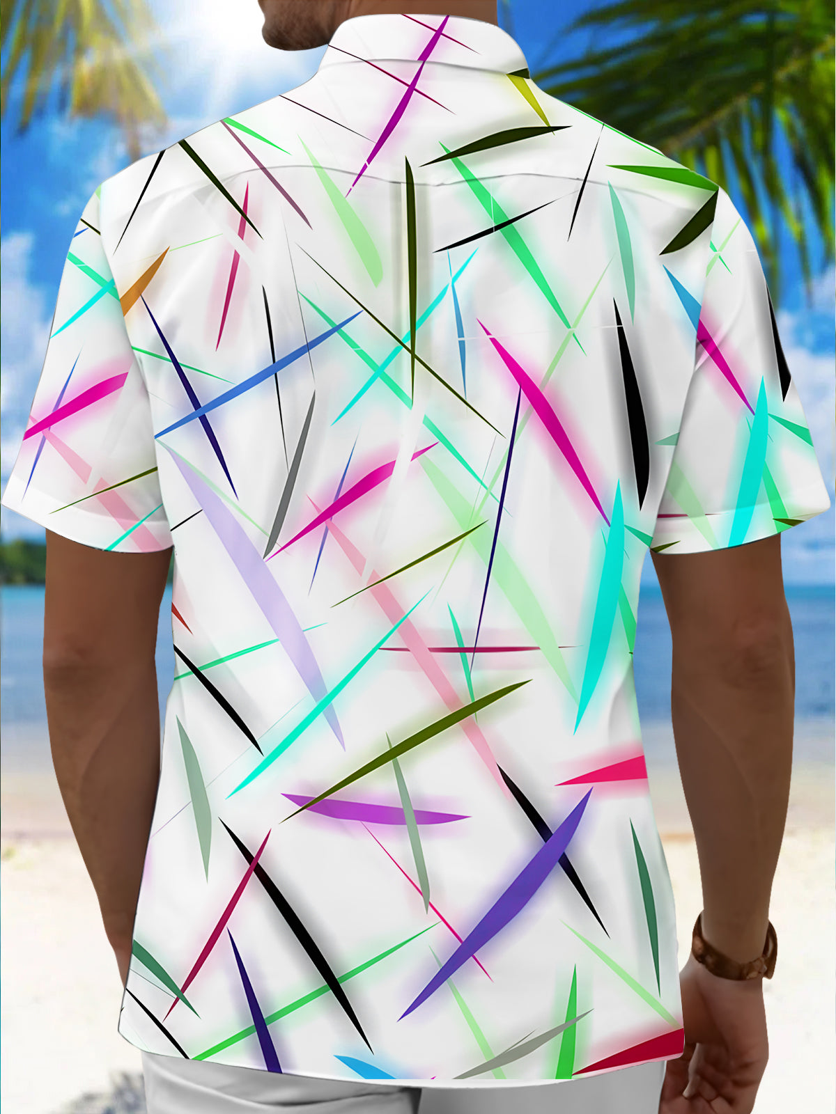 Geometric Pattern Lines Rainbow Men's Pocket Short Sleeve Shirts