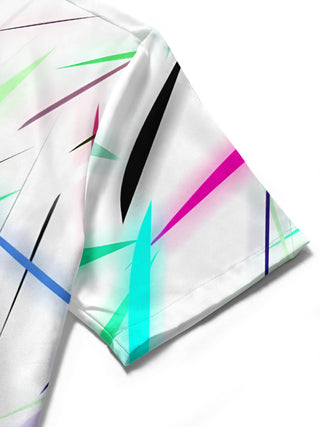 Men's geometric print short sleeve shirt close-up detail view
