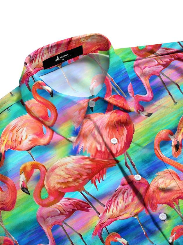 men's pink bird pattern shirt side view