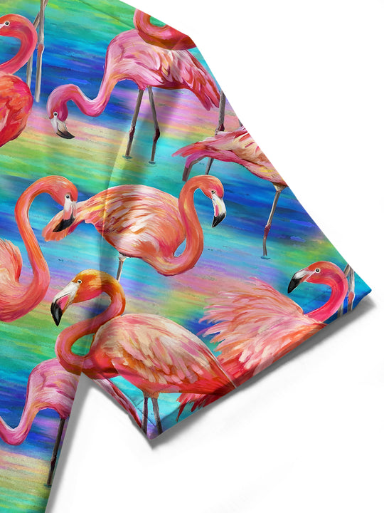 Men's flamingo print short sleeve shirt fabric texture close up