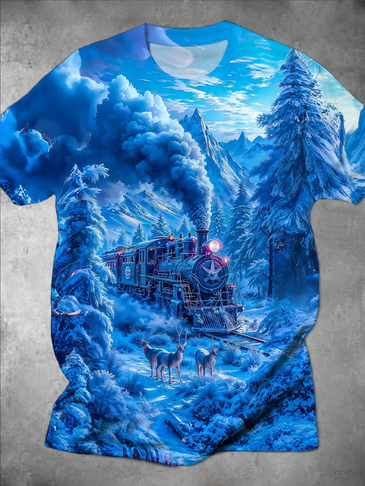 Train Snow Scenery Round Neck Short Sleeve Men's T-shirt